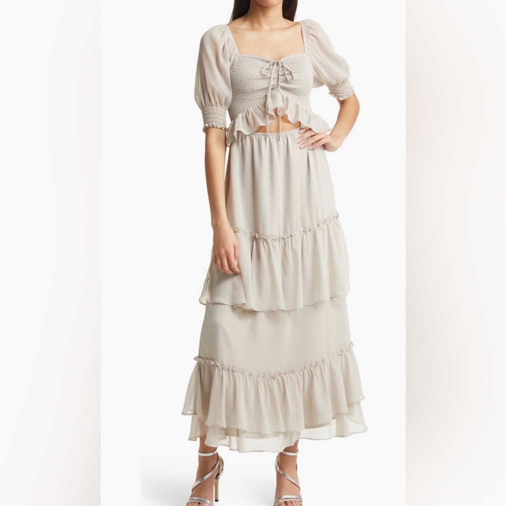 WAYF ELSIA SMOCKED BODICE DRESS Gown Ruffle Front tie